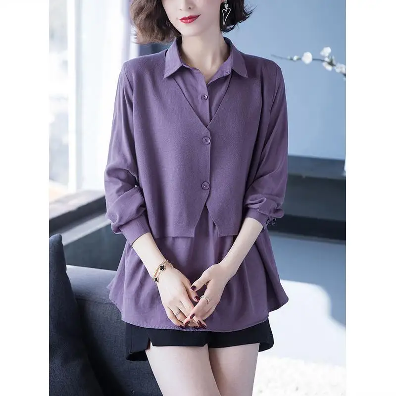 Fashion Lapel Solid Color Spliced Fake Two Pieces Blouses Women\'s Clothing 2023 Autumn Winter Loose Casual Tops Commuter Shirts