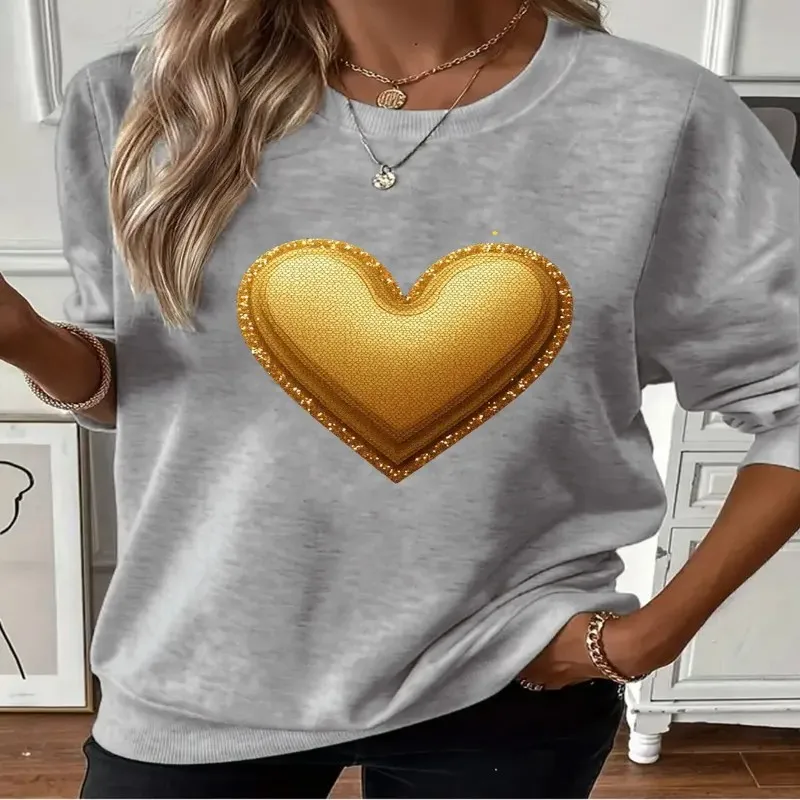 

Fall Winter Plus Size Female Clothes Oversize Women Clothes Golden Sequin Heart Art Design Cartoon Pure Cotton Soft Fabric Top