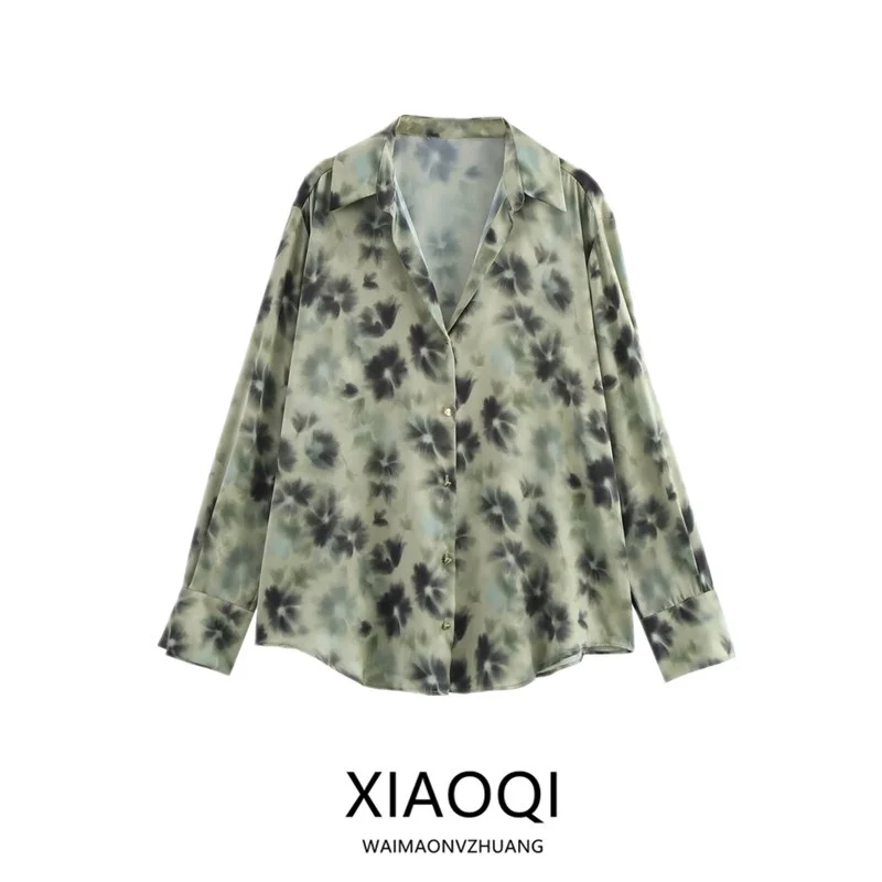 

Spring 2024 Women's irt Ele Simple Floral Print Silk Satin Texture Long Sve Loose Fit Versatile Sle 20754