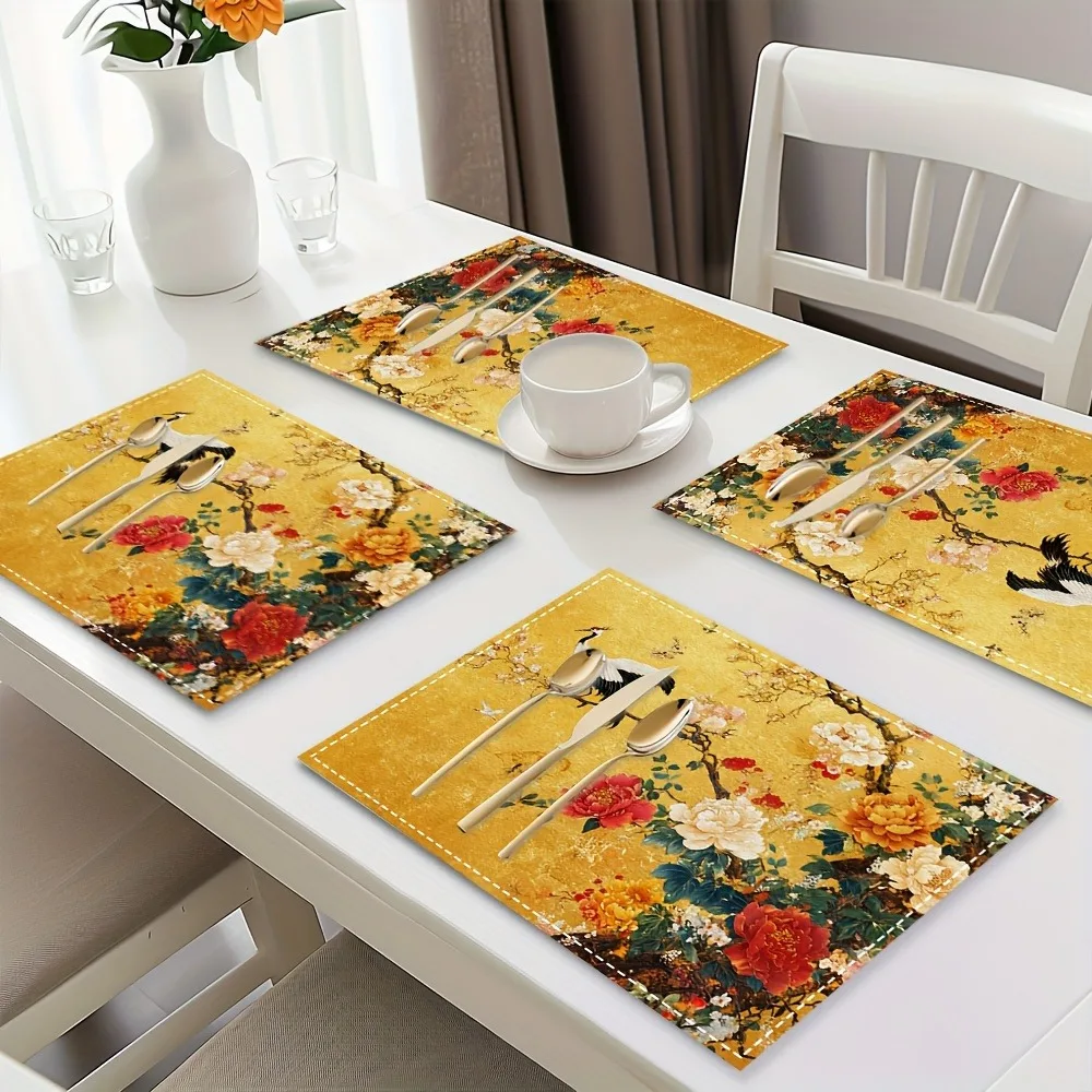 1/2/4pcs of Luxurious Chinese-Style Floral Crane Placemats Rectangular Polyester Table Mats Kitchen Dining Table Decoration view 3