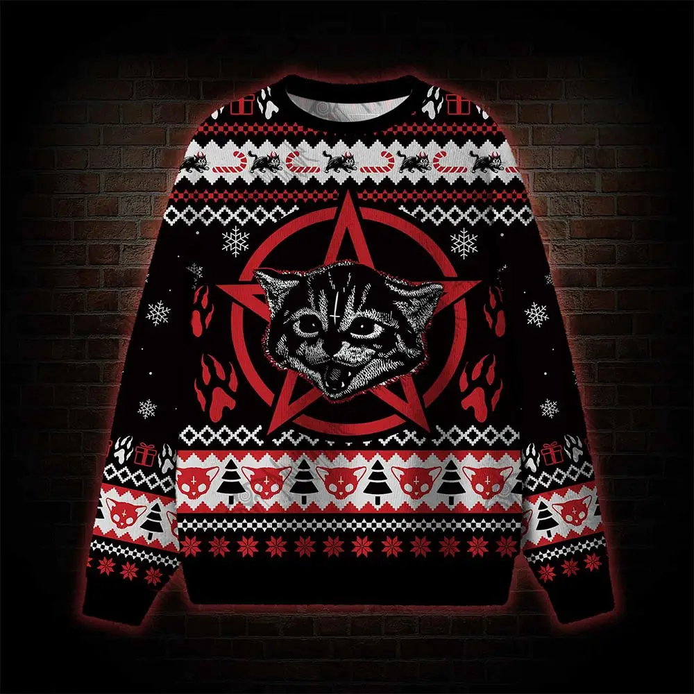 2026 Hotsale Dark Gothic Cat Funny Ugly Christmas Sweater Men‘s Women’s Kid‘s Family Pullover Funny Christmas Party Jumper