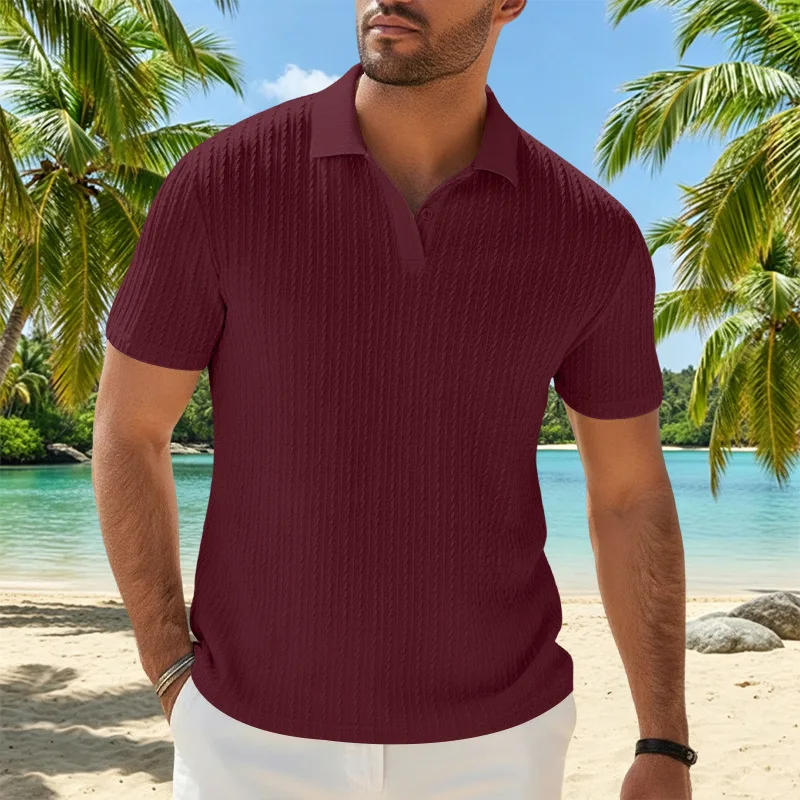 Men's Vertical Twist Jacquard Polo Shirt Short Sleeve Turn‑Down Collar 1‑Button Casual Business Summer Tops
