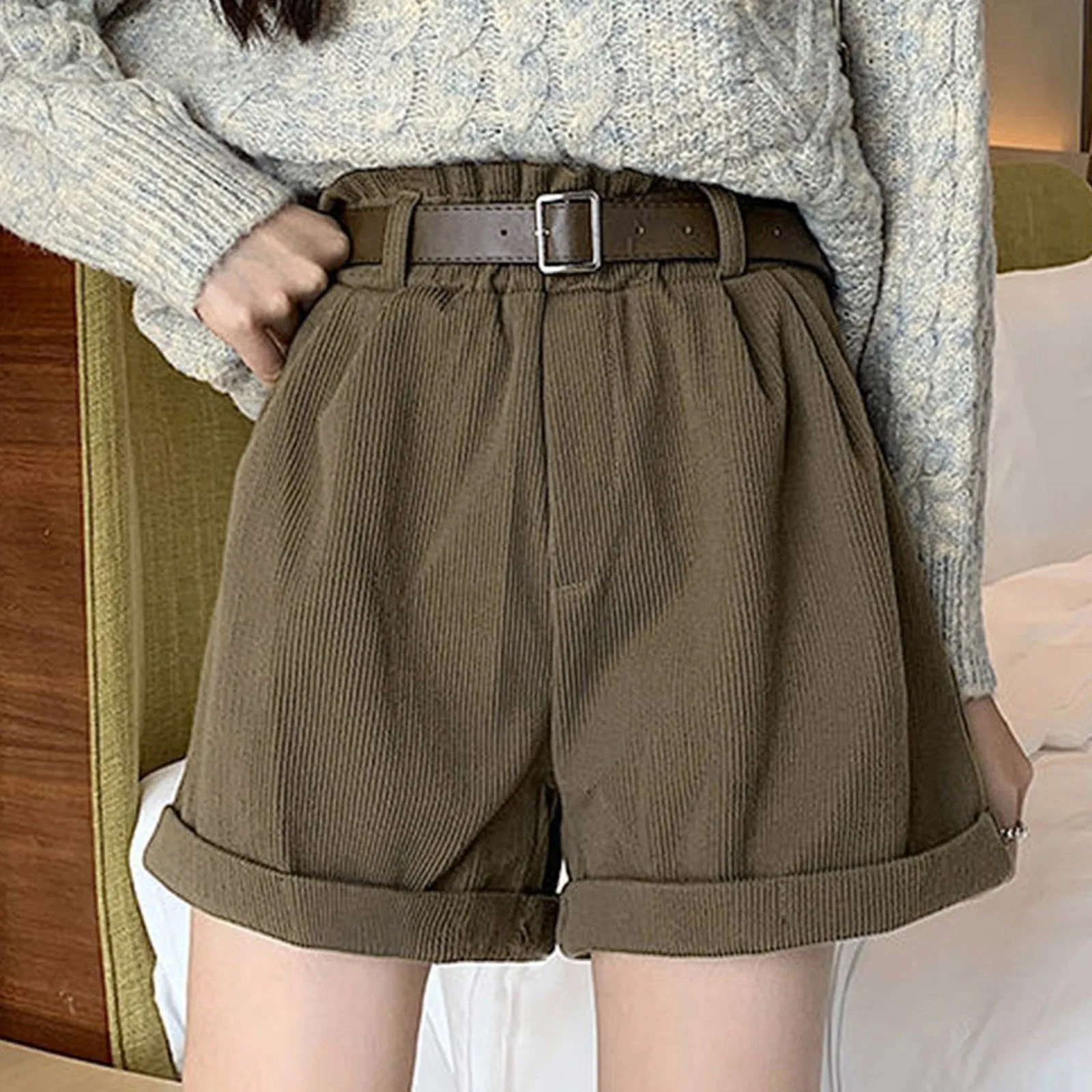 Pantalones cortos de algodón puro con cinturón para mujer, cintura alta, pierna ancha, traje de una línea, pantalones cortos de oficina para mujer,