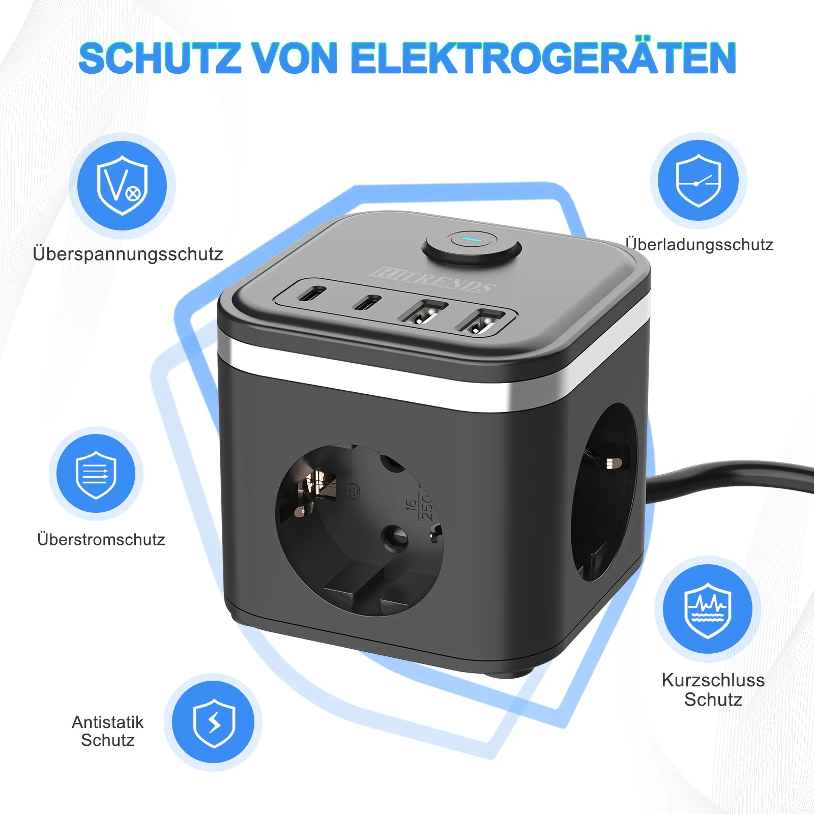 3680W EU Flat Plug Power Strip Cube z 3 gniazdami AC 2 USB 2 Type C Szybkie ładowanie Adapter gniazda ściennego, kabel 2M do domu
