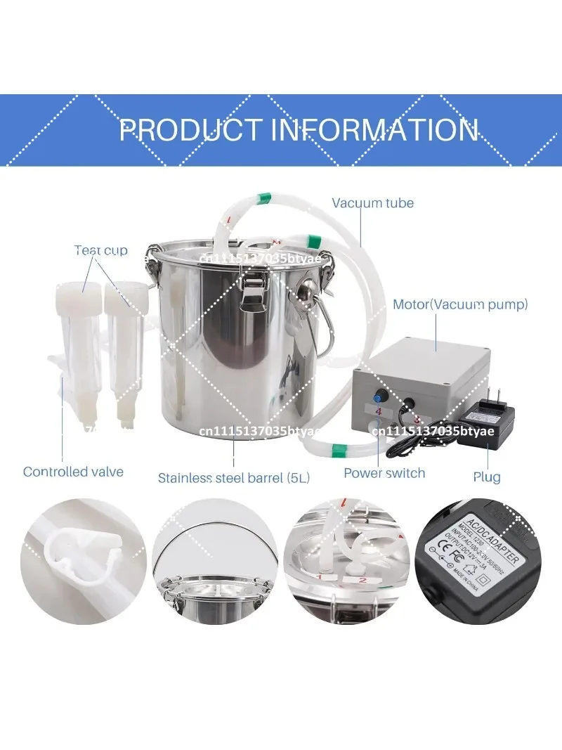 5L Goat Cattle Electric Milking Machine Adjustable Pulsation Vacuum Pump Milking Machine with Stainless Steel Milker Bucket