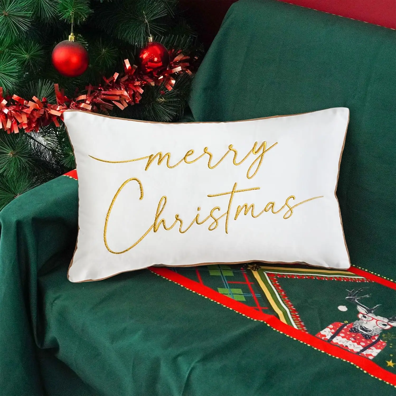 Weiße Kissenbezüge „Merry Christmas“, 30 x 50 cm, bestickt, goldfarben, dekorative Kissenbezüge, Winterurlaub, Geschenk, Kissenbezüge, Rot, Grün