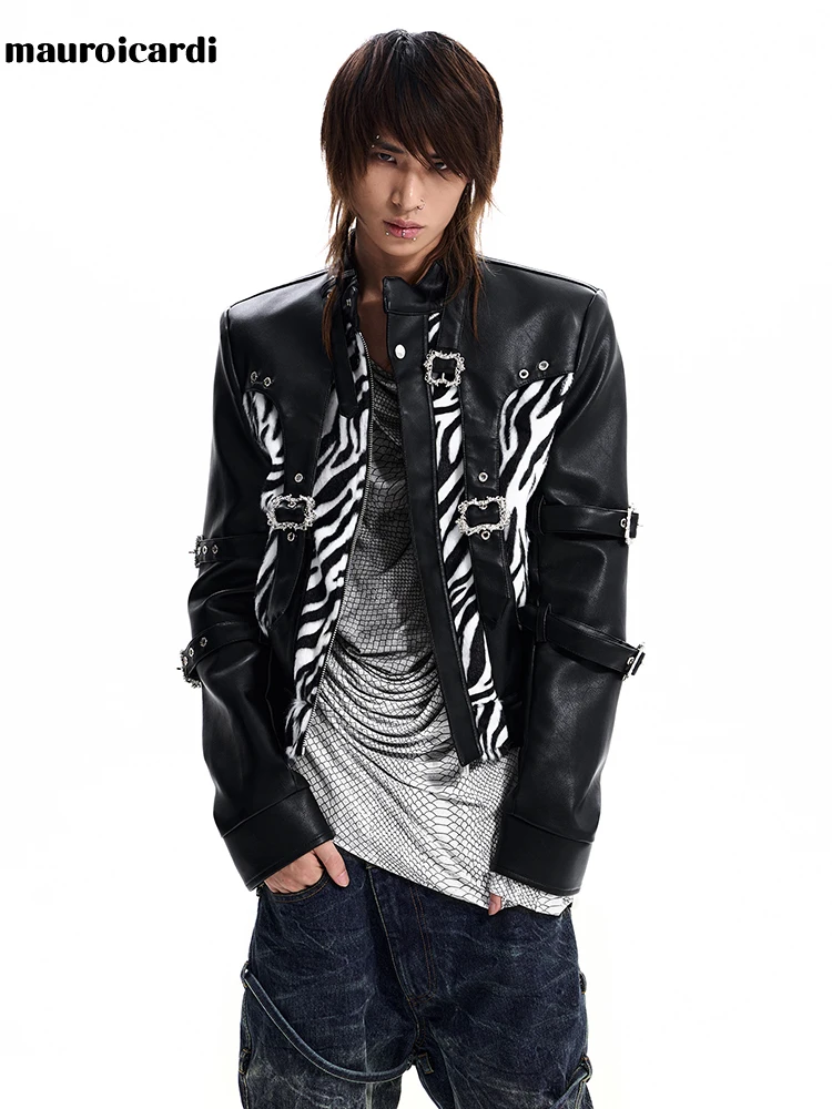 Mauroicardi Autumn Short Zebra Print Faux Fur Patchwork Pu Leather Jacket Men Luxury Designer Streetwear Menswear  Clothes 2026