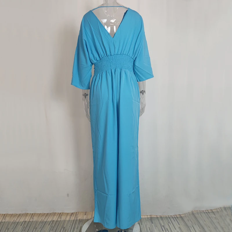 BKLD 2025 여성 루즈핏 점프수트 와이드 레그 팬츠 V넥 박쥐 소매 패션 우아하고 심플한 하이웨이스트 롬퍼 출퇴근 여성 의류