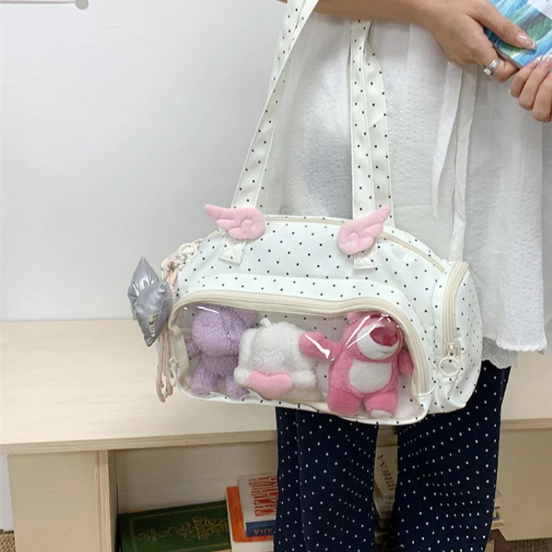 Angel Wings Ita-Tasche mit transparentem Sichtfenster, Damen-Umhängetasche im japanischen Stil, vielseitige Polka-Dot-Handtasche für den täglichen Pendelverkehr – Detail 27