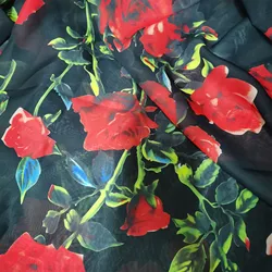 Moda, Kırmızı Gül Çiçek Dijital Baskı, Yumuşak Taklit İpek Şifon Kumaş, Dikiş Malzemesi, Kendin Yap Yazlık Elbise, Siyah Şifon Kumaş