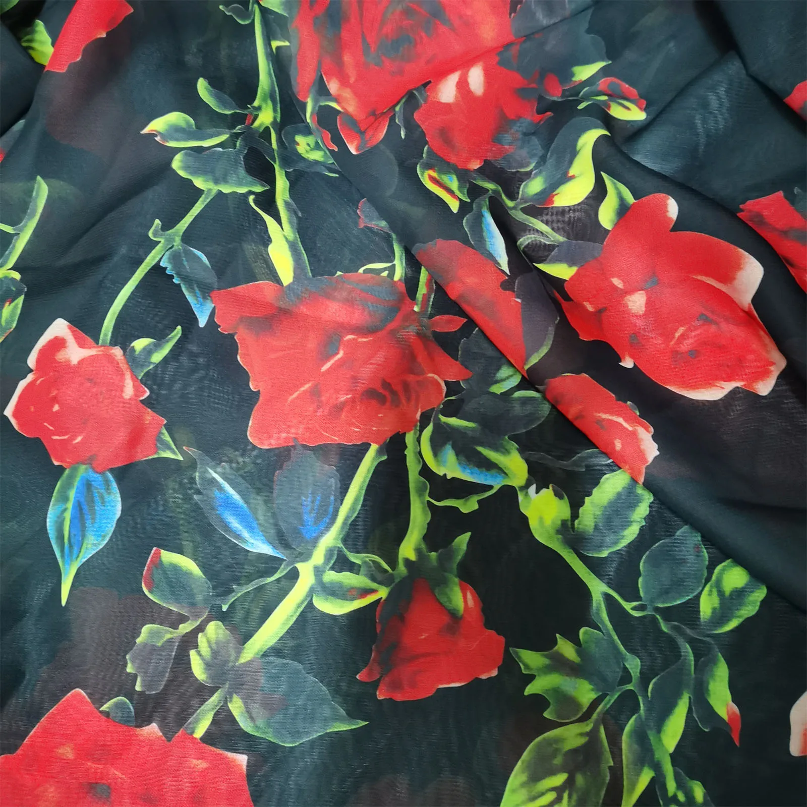 Fashion Black Chiffon Fabric Red Rose Flower Digital Print Soft Imitate Silk Chiffon Fabric Sewaing Material Diy Summer Dress