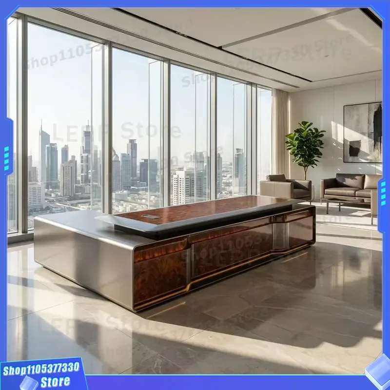 Executive Office Desk with Three Color LED Light Natural Wood Grain E1 MDF Crystal Glaze Finish Professional CEO Workstation