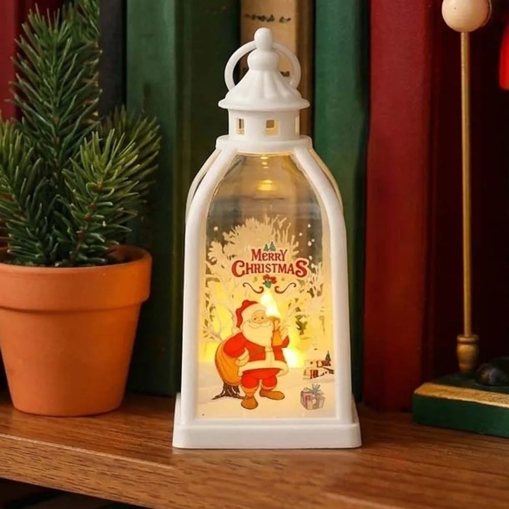 Warm Glow Christmas Lantern Plastic Shell Hanging Ring Xmas Night Light Lightweight Design Printed Pattern LED Candle Lamp