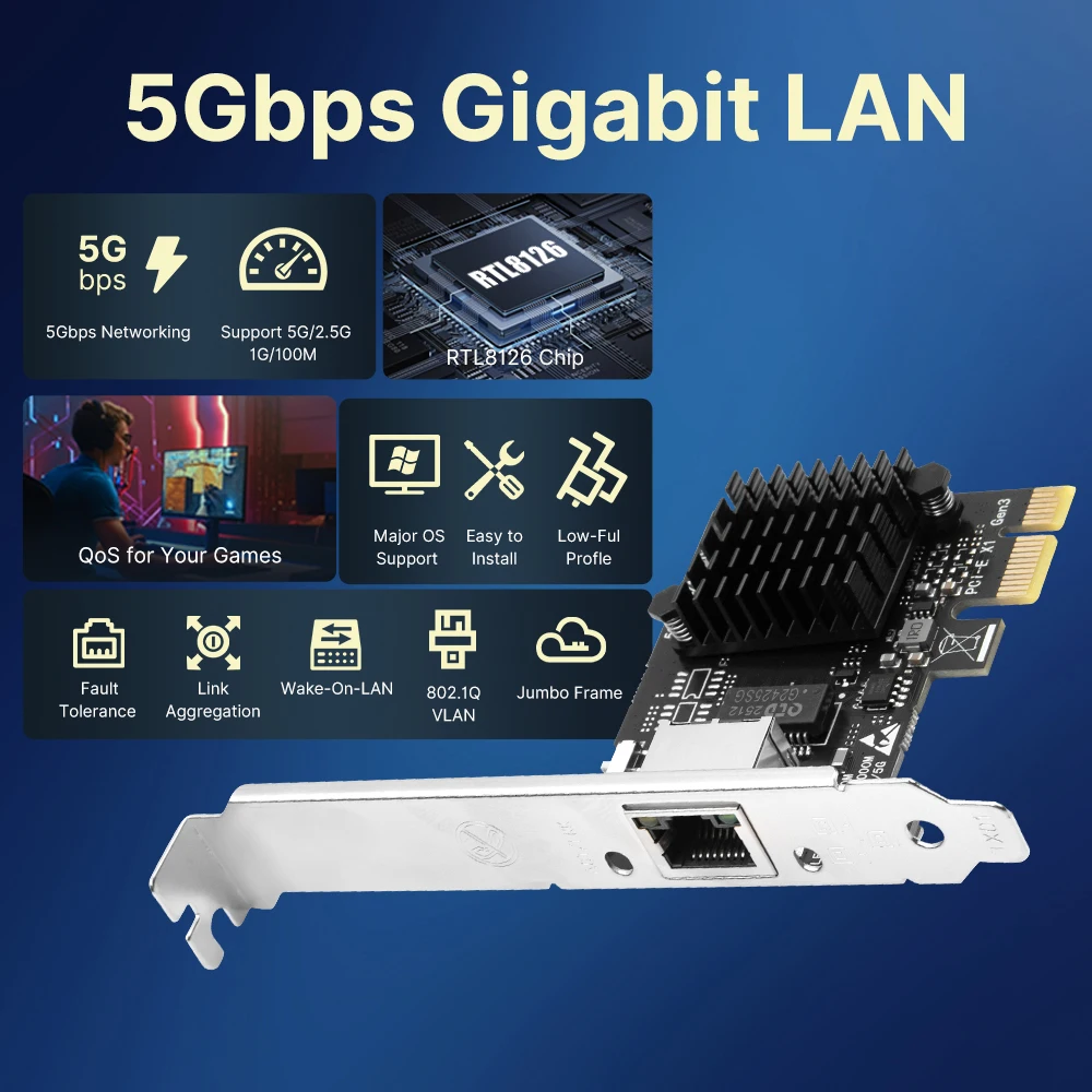 

5Gbps PCIE To RJ45 Network Card RTL8126 5000Mbps Gigabit Ethernet LAN Adapter Direct Speed Data Transfer for Desktop