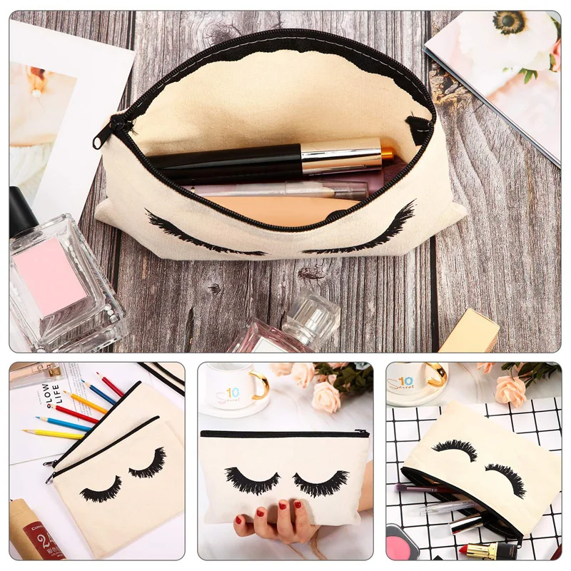 100Pcs/Lot Beige Pink Eyelash Cosmetic Bag Canvas Stationery Bag Travel Cosmetic Bag Zipper Cosmetic Bags for Ladies and Girls