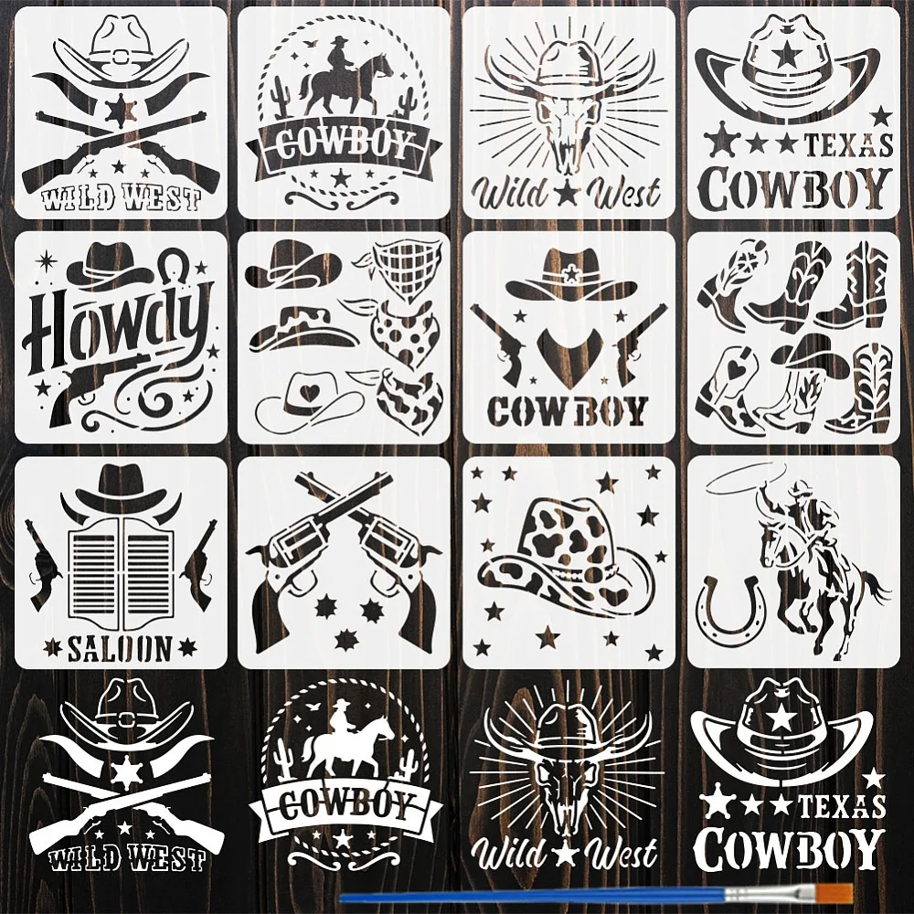 12 Pcs Cowboy Painting Stencil with Brush 5.9x5.9inch Cowboy Hat Star Rope Bandana Bull Horseshoe Drawing Template Western Theme