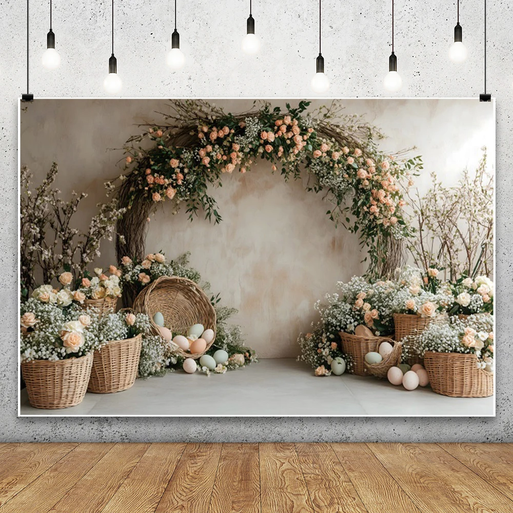 Spring Easter Day Arch Floral Photography Background Egg Bunny Flowers Green Potted Plant Indoor Portrait Photo Studio Backdrops