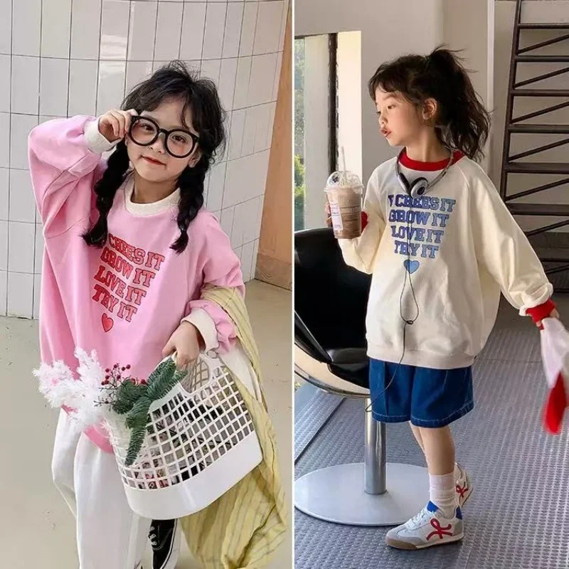 

Girls Top Spring Autumn New Style Contrast Thread Round Neck Letter Printed David Coat Sweet Cute Fashionable Daily Wear