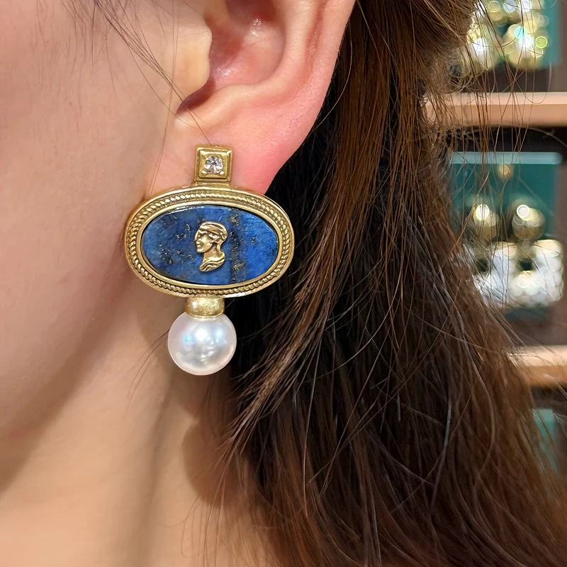 Vintage Cameo Drop Earrings For Woman Avatar Pendent Pearl Lapis Lazuli Blue Natural Stone Wedding Party Classic High Quality Gift Trending 2026