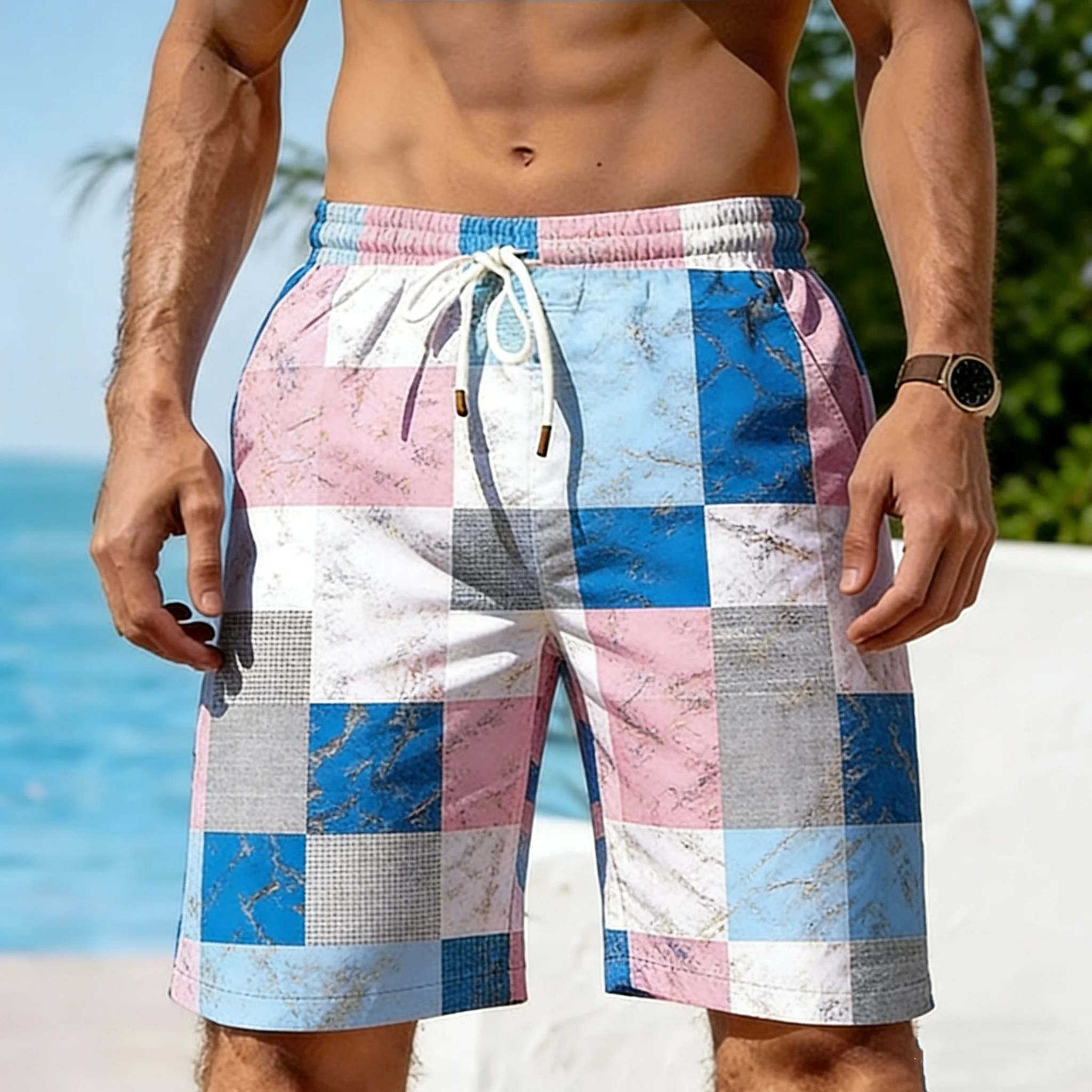 Square Splicing Pattern Beach Shorts Men Colorful Plaid 3D Print Short Pants Summer Hawaiian Casual Sports Quick Dry Swim Trunks