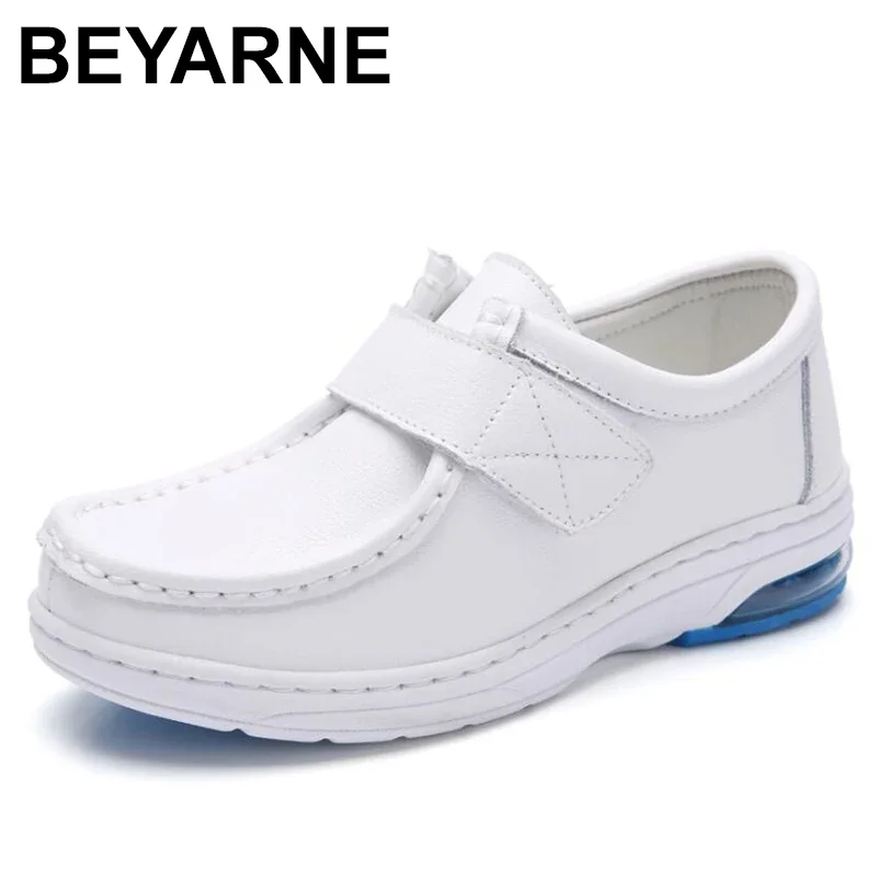 BEYARNESpring woman nurse flat shoes genuine leather Slip on Moccains ladies round toe white flat loafers women sneakers Creeper