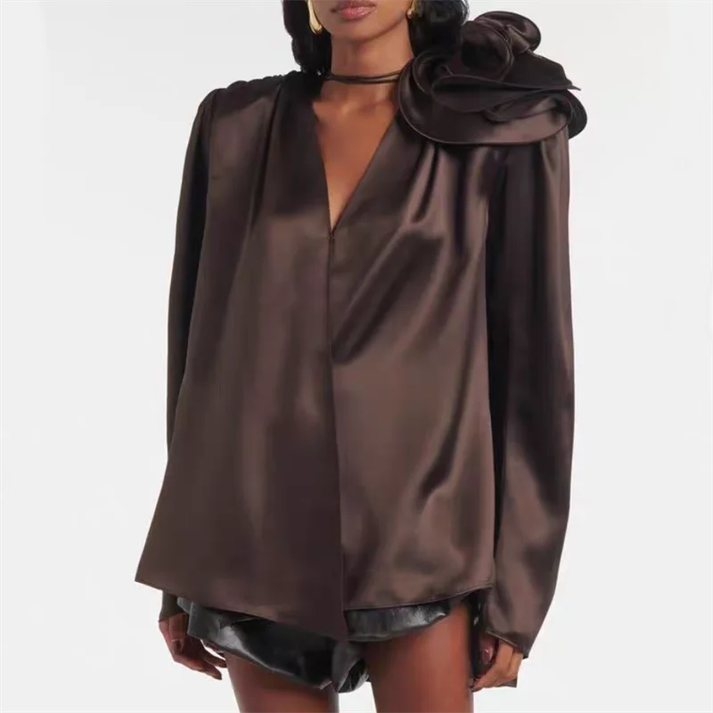 

Women's shirt New 3D floral decorated long sleeved top for summer 2025 Satin slim fit Women's blouse Thin coat tops for woman