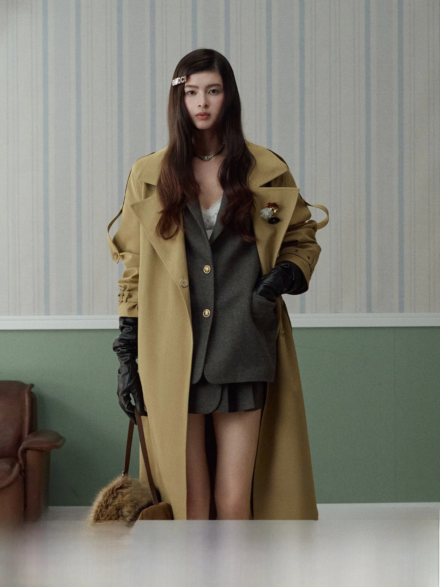 

Пальто LaluneDuCiel Briti Sle Long Coat: винтажное, с отложным воротником, струящееся, универсальное, в корейском стиле, свободного кроя, из полиэстера