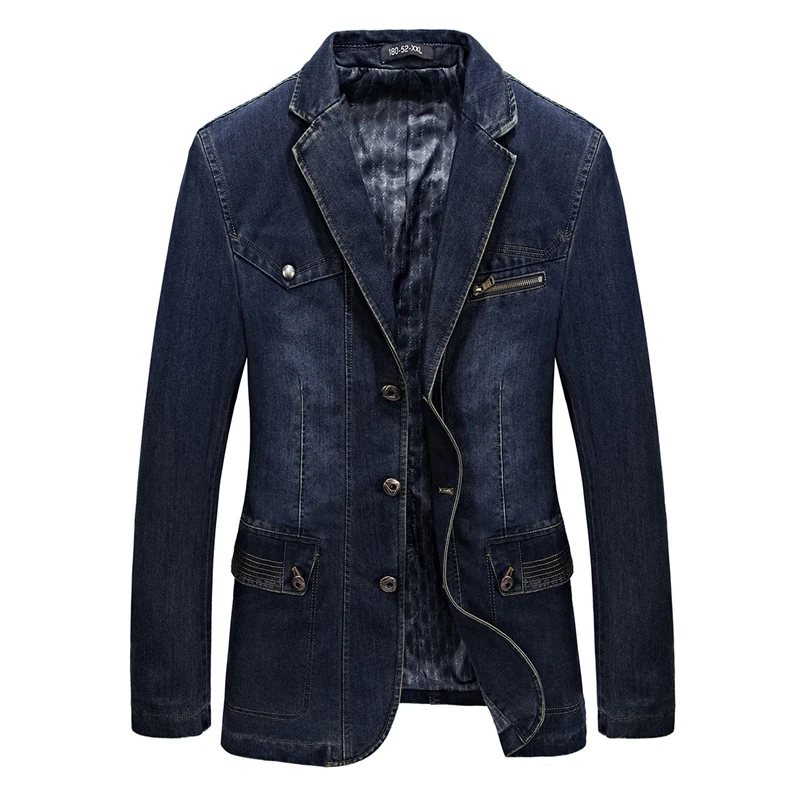 Multi Pocket Denim Jacket Men Spring Blazer Suits Jacket Mens Business Leisure Suits Cowboy Westerner Male Jeans Coat Size L~4XL