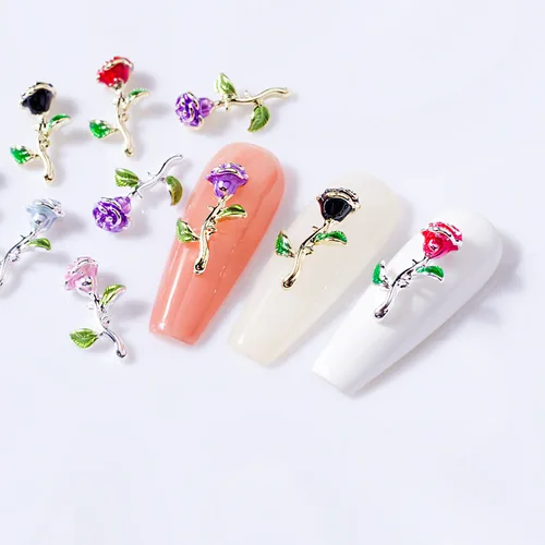 Imagen 2 del producto Pegatinas de aleación de oro y plata para manicura de uñas, dijes de Metal para uñas, formas de flores, 3D, 9x15mm, 10 unidades