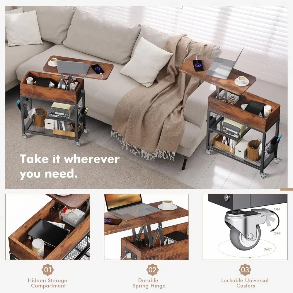 End Table with Charging Station and Wheels, Sofa Side Table with USB Port & AC Outlets, Movable Bedside