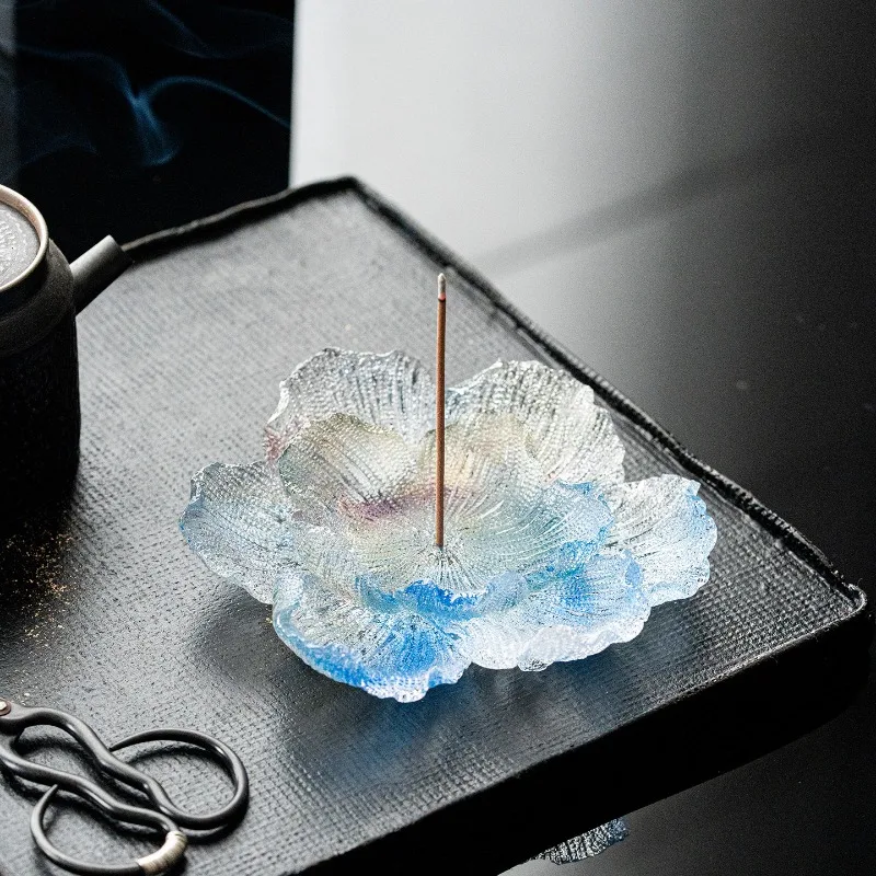 Handmade Liuli Peony Incense Holder Chinese Zen Line Incense Burner Mini Tea Room Desktop Censer Home Aromatherapy Ornament