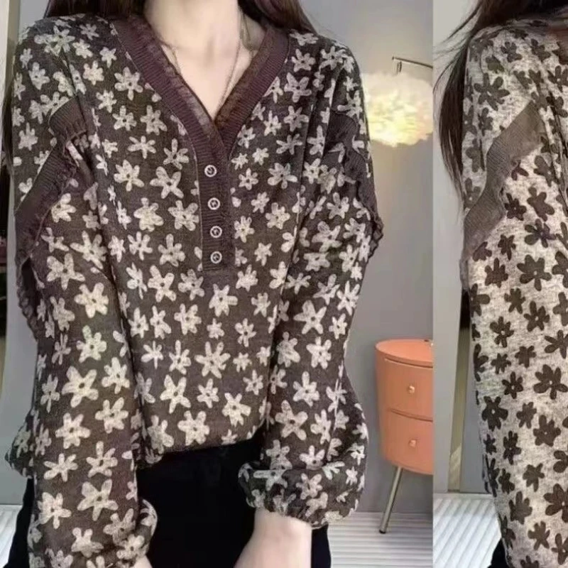 Fashion Print Plus Size Long Sleeve Tops Spring Autumn New V Neck Floral Plus Size Vintage T Shirts Fashion Office Women Clothes