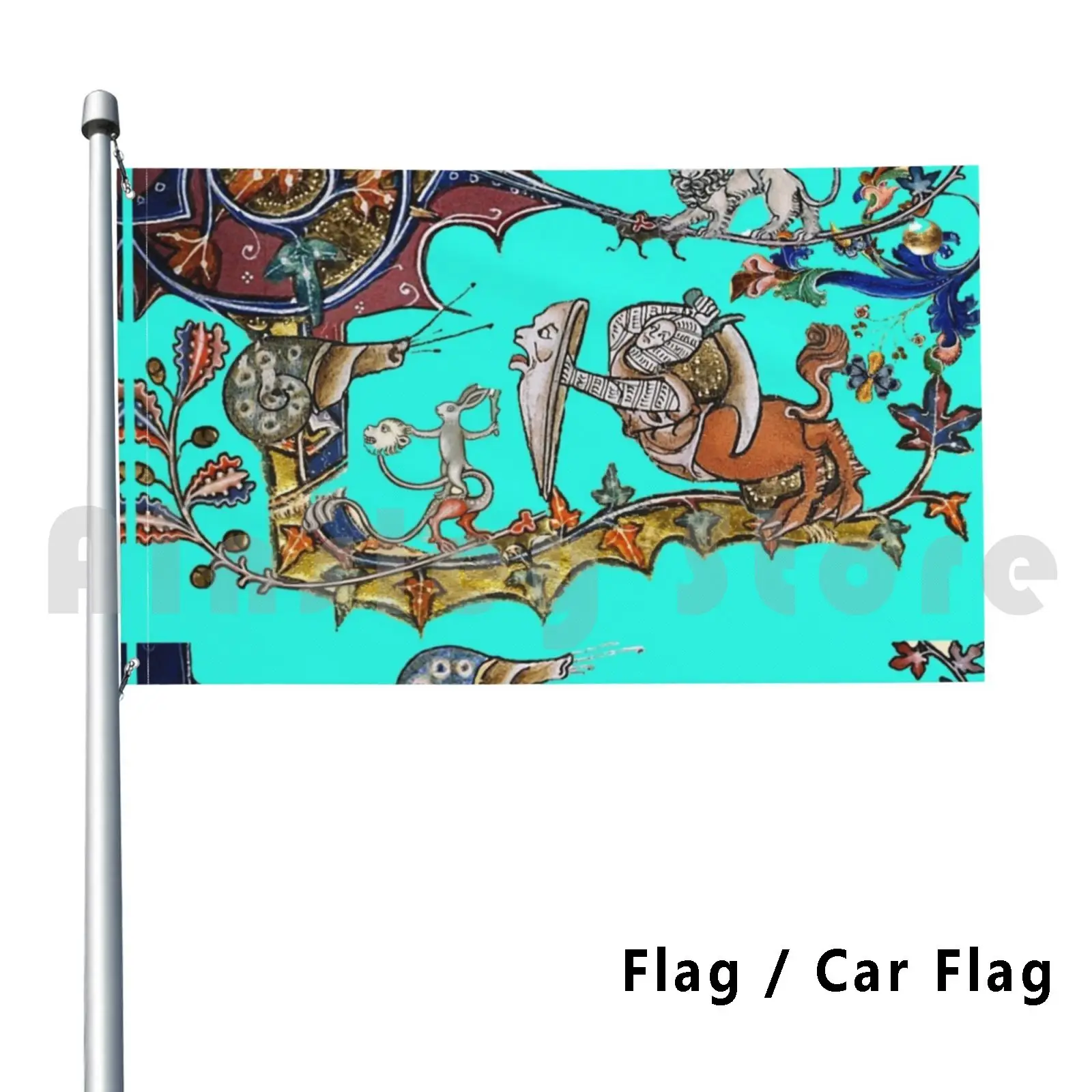 Flag Car Flag Weird Medieval Bestiary War Between Snails And Killer Rabbits , Lion , Centaur Knight In Blue Filter