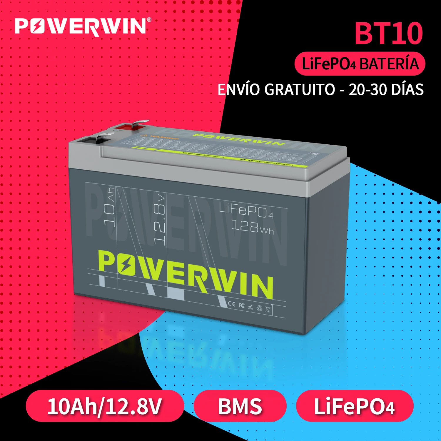 

POWERWIN BT10 LiFePO4 Battery 12V 10Ah off-grid Built-in BMS 4000+ Deep Cycle Solar Rechargeable Electric Toy RV Camera