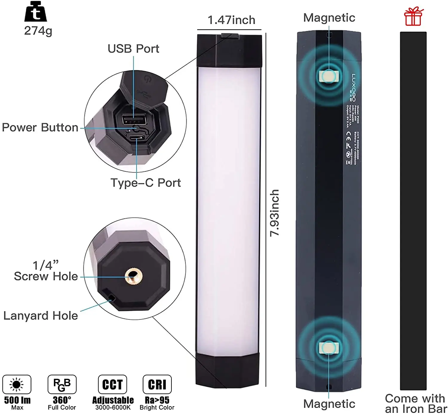 LUXCEO P200 IP67 Rainproof RGB Tube Built-in Battery & Magnet With APP Control LED Video Light For Studio Photo Product Lighting