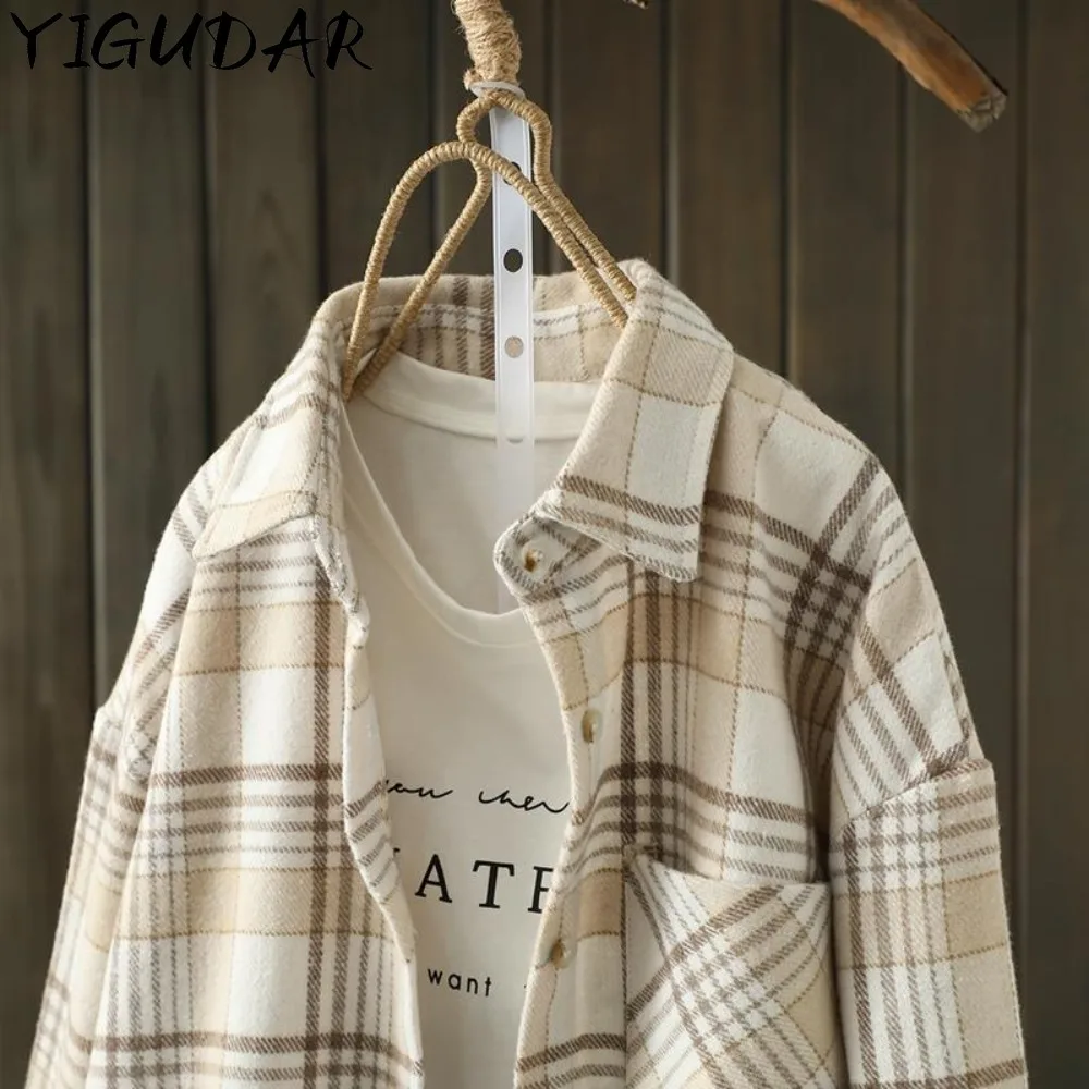 

Women Plaid Boyfriend Style Shirt Vintage Fashion Long Sleeve Chic Female Casual Loose Hooded Blouse 2023 New Top women tops