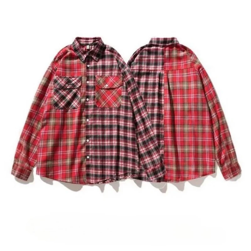 

Клетчатая рубашка мужская, красная клетчатая уличная одежда с длинными рукавами, свободный крой большого размера, унисекс, повседневный модный топ для пар