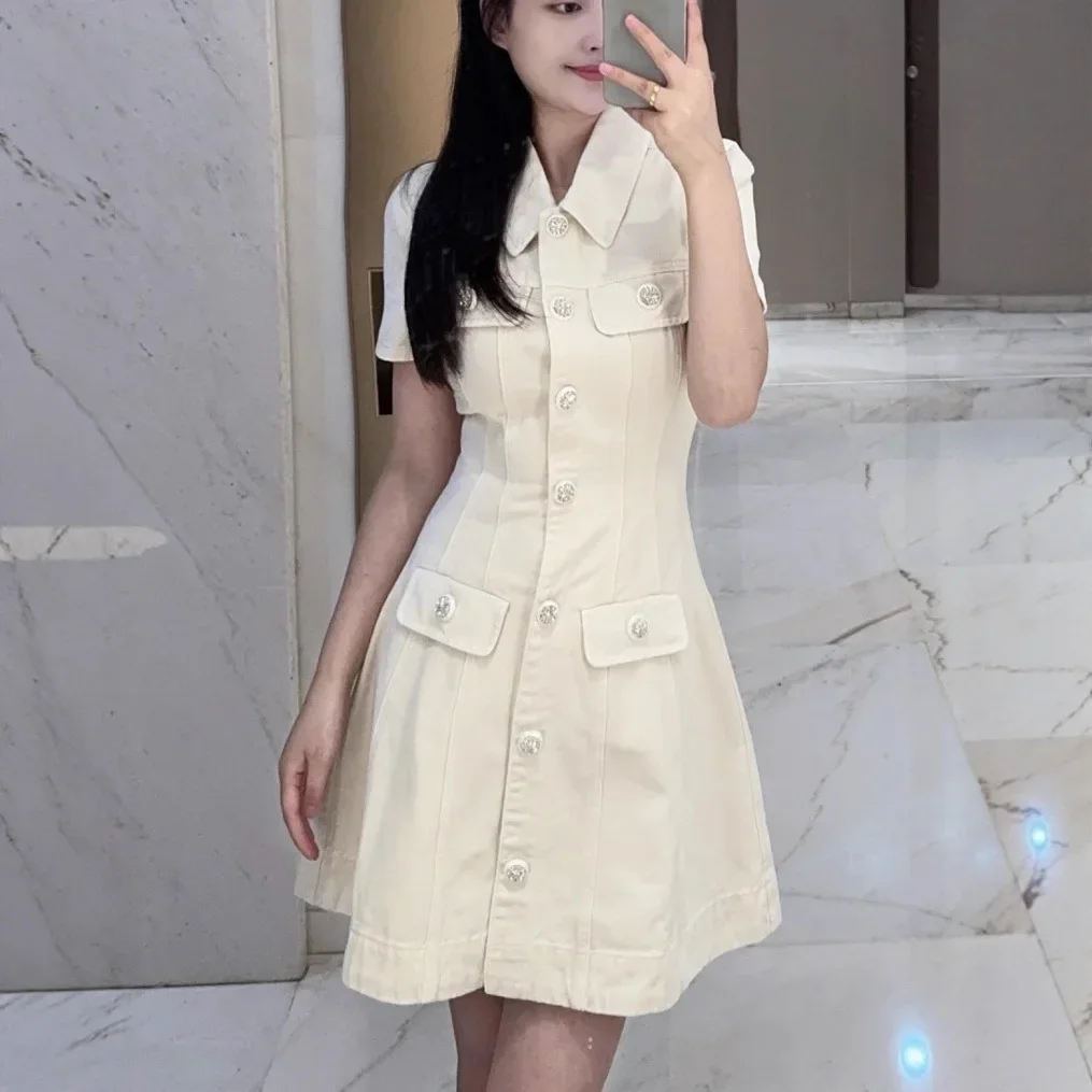 

2025 autumn and winter women's new lapel dress short sleeve slim high waist denim elegant mini dress