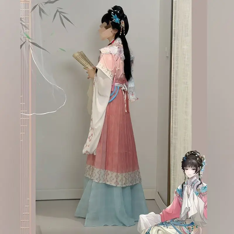 El disfraz de cosplay de Lin Daiyu de Hua Bai presenta un conjunto completo de bordados de estilo antiguo y de cuento de hadas, con fajas de hombro en forma de nube y