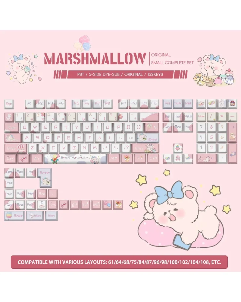 PBT Five-sided Sublimation Keycaps Marshmallow Strawberry Theme 132 Keys For Mechanical Keyboard