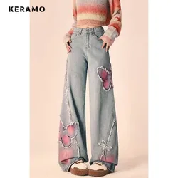 Korean Vintage Y2K Wide Leg Baggy Denim Trouser Fashion Women's Casual High Waist Pants Butterfly Print Blue Straight Jeans