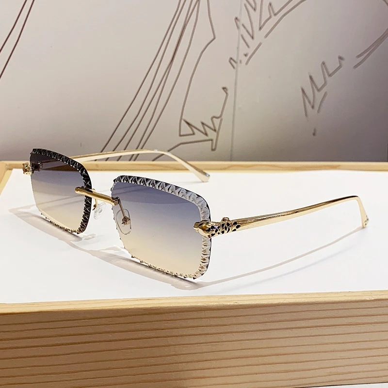 Neues Design Rahmenlose Leopardenkopf-Sonnenbrille zum Autofahren, Sonnenschutz, Modische Metallbrille – Detail 6