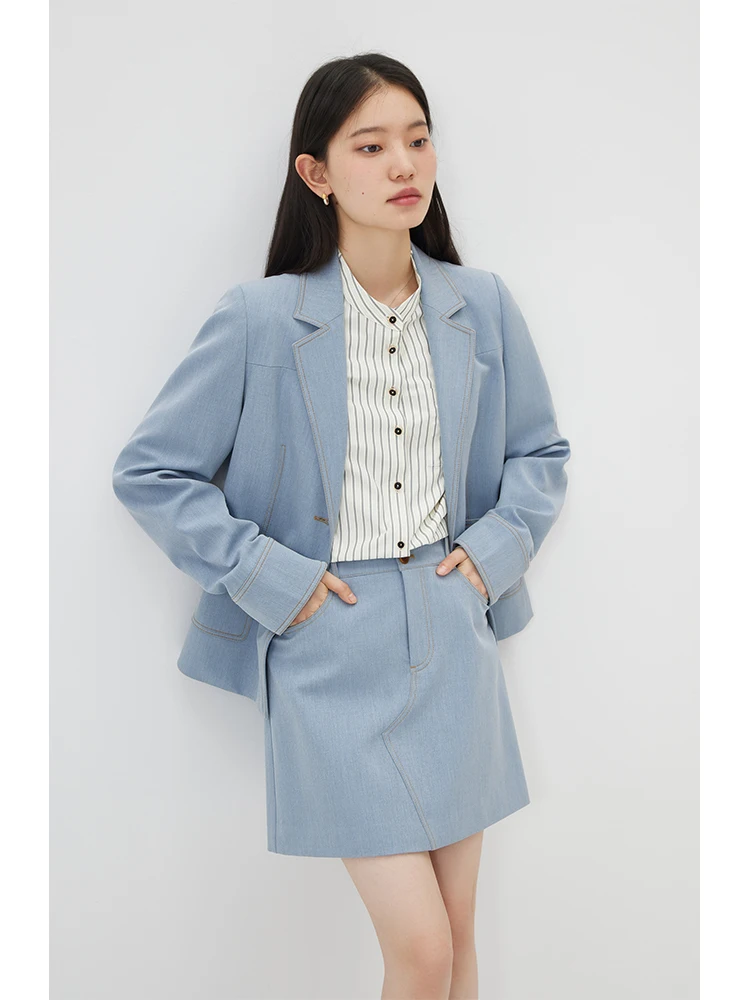 ZIQIAO Light Denim Color Front Shoulder Suit Jackets Notched Collar Single Breasted Office Lady Pocket Design Blazers 24ZQ91122