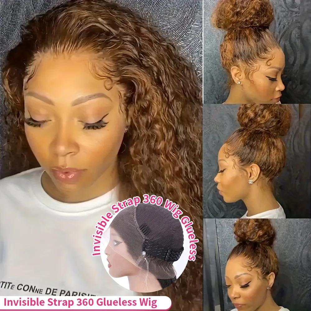 Full Lace Curly Human Hair Wig 360 Invisi Strap Highlight Wig 13x6 Deep Water Wave Frontal Wig for Women 220 Density image 2