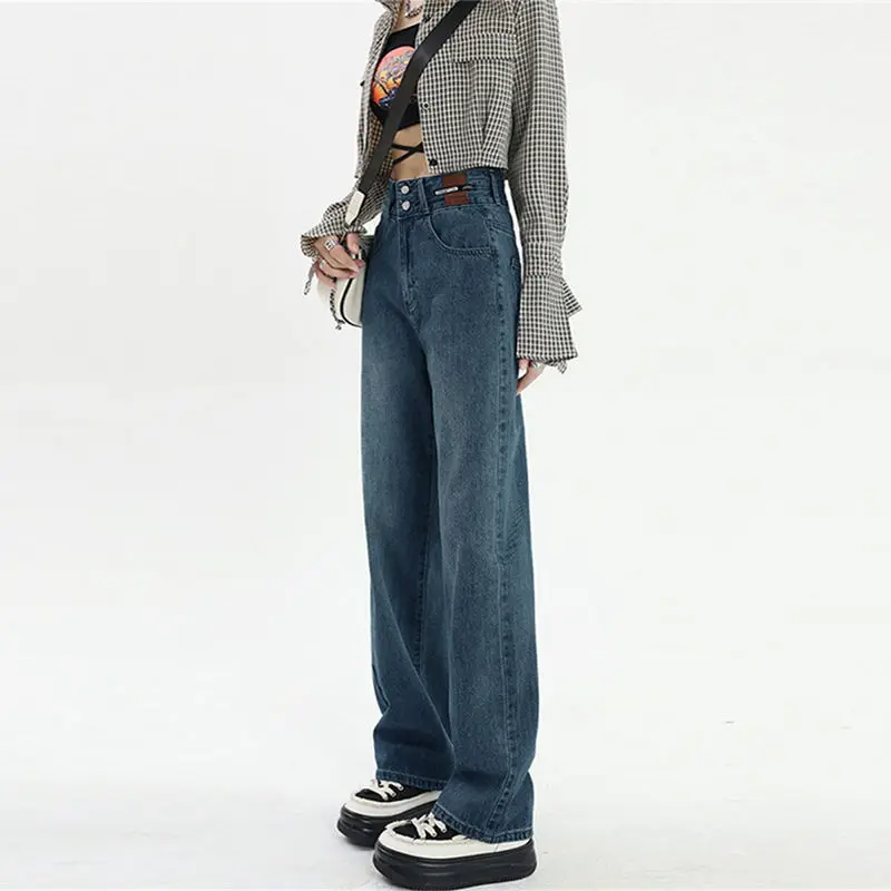 

High-waisted tummy control jeans for women, spring/summer vintage blue2025Loose-fitting wide-leg pants that are floor-length and
