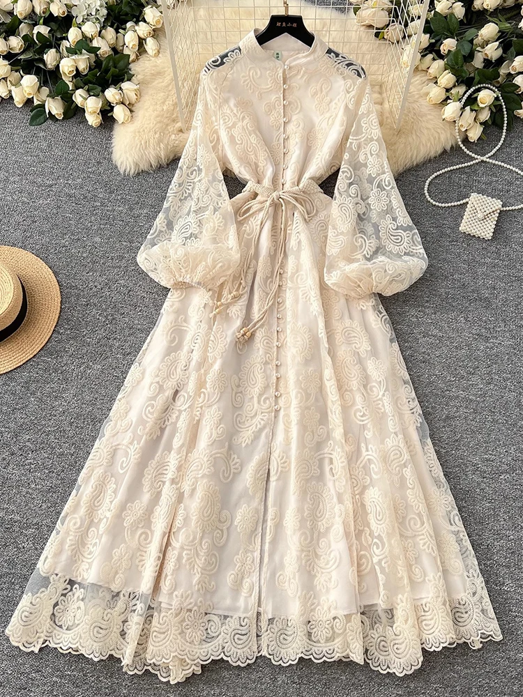 

Spring Summer European American Stand Up Collar Single Breasted Lace Dress Women Elegant Embroidery Large Swing Long Dress C205