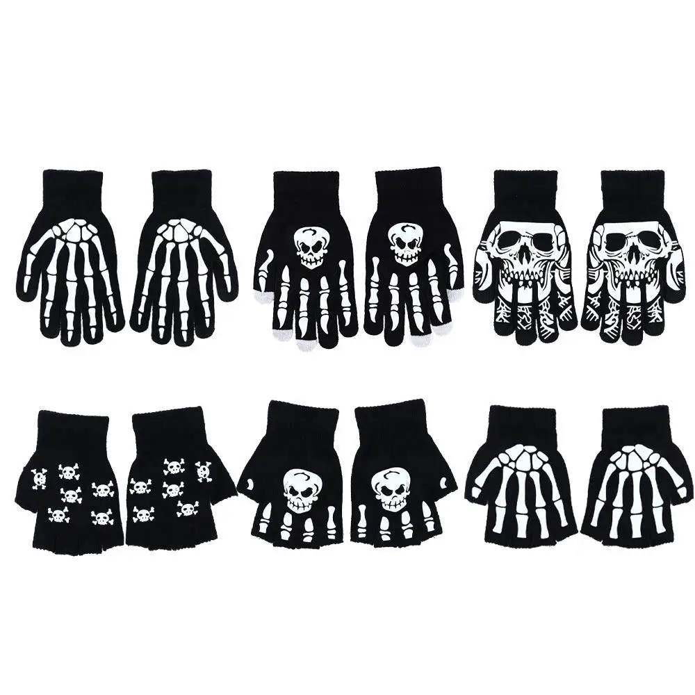 Keep Warm Skeleton Male Non Slip Skull Half-finger Gloves Fashion Accessories Full Finger Gloves Halloween Luminous Mittens