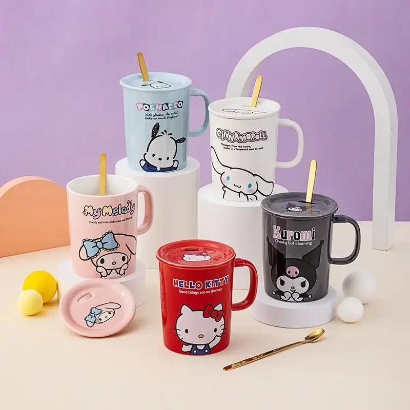 HELLO KITTY series kawaii mug cartoon cute Cinnamoroll Kuromi My melody household ceramic water cup with lid and spoon wholesale