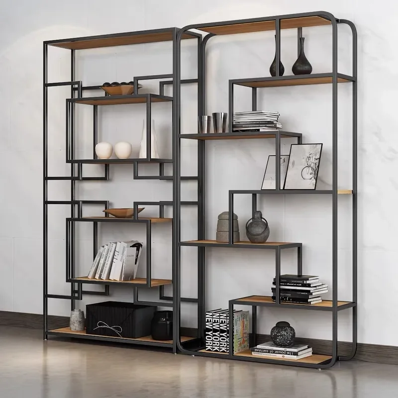 Simple Wrought Iron Partition Display Stand Solid Wood Multi Layer Shelf for Living Room Office Bookshelf Floor Storage Rack