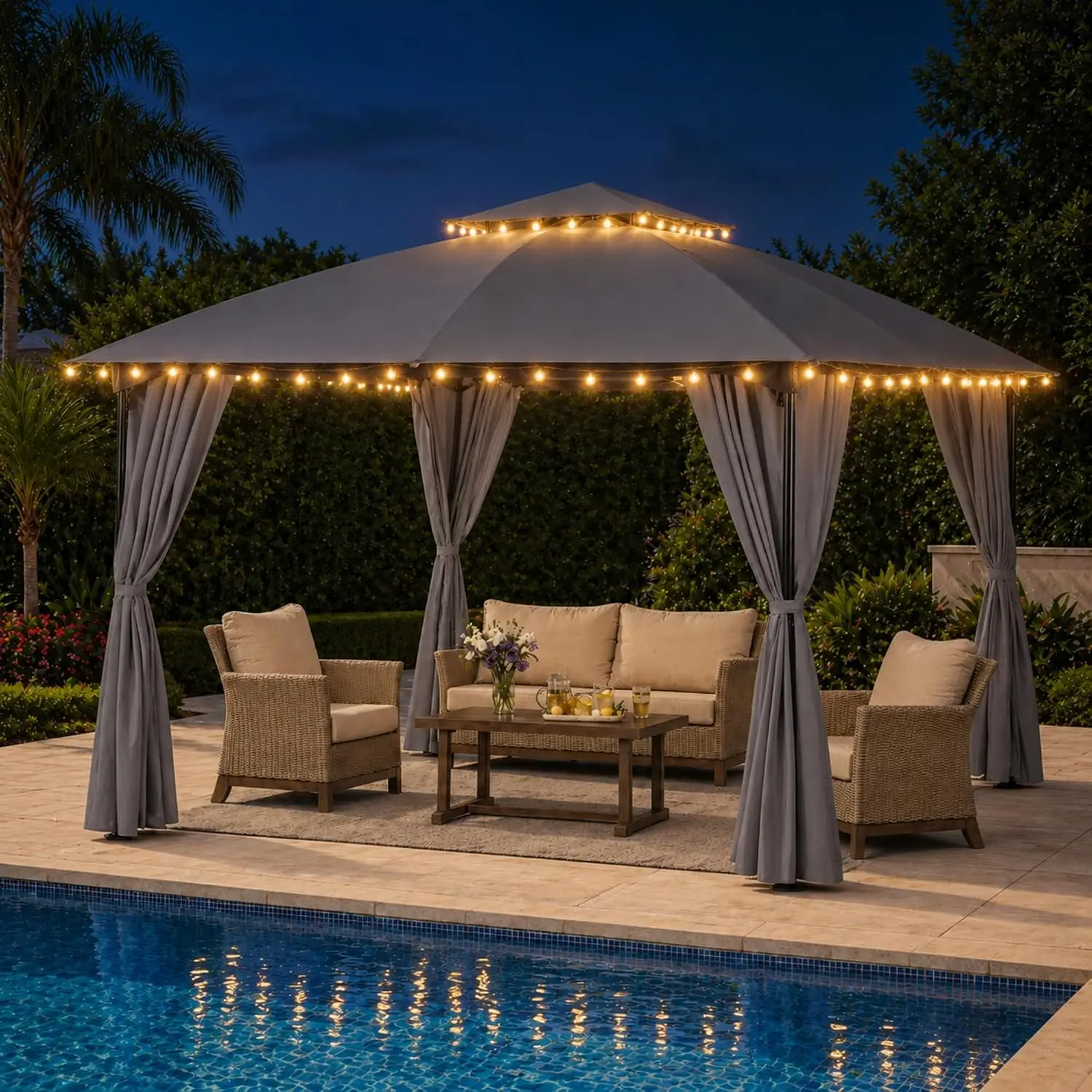 10x10 Arc Gazebo Lights Canopy Tent Curtains Soft Top Party Shelter Wind-Resistant Ropes Backyard Garden Lawn, Customized